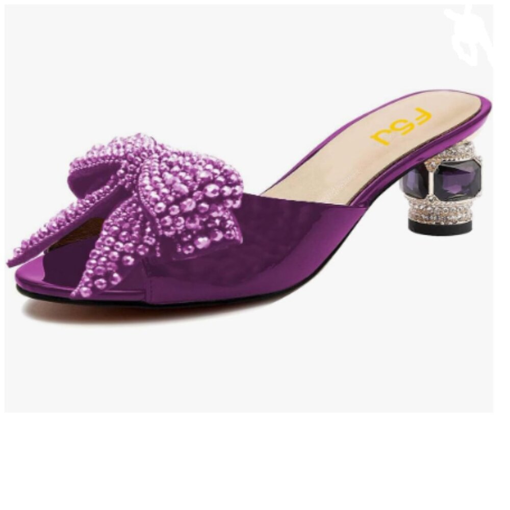 FSJ Purple Rhinestone Bow Low Heel Mule Sandals Peep Toe Slipper Shoes